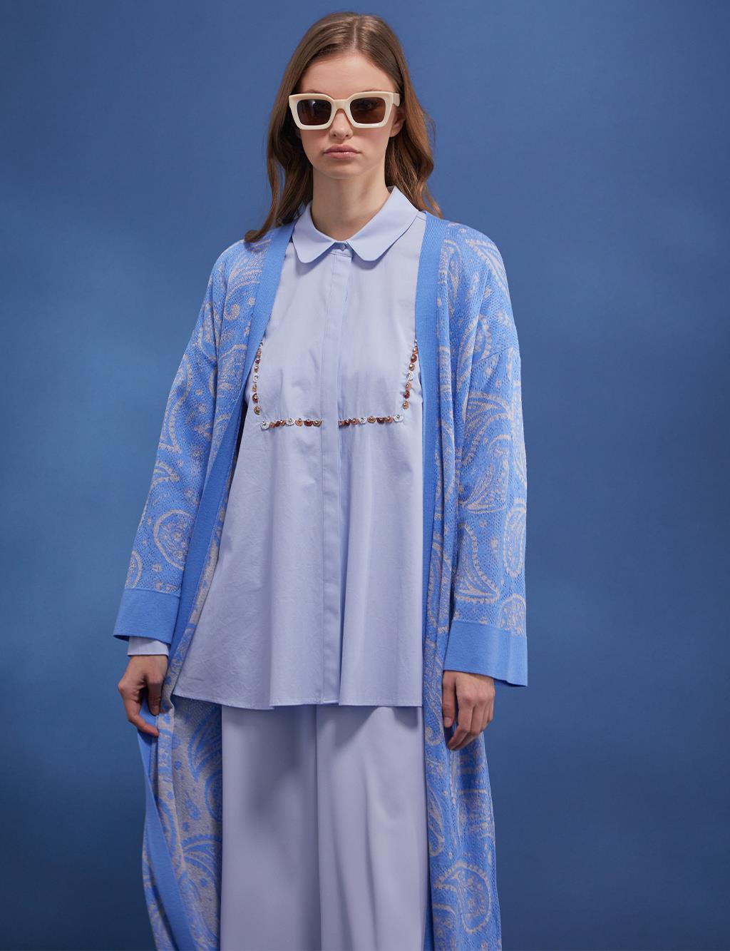 Ethnic Pattern Long Knitwear Cardigan Blue