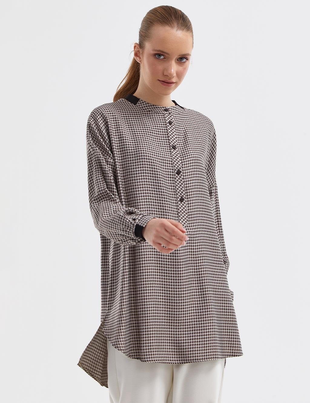 Houndstooth Patterned Grandad Collar Tunic Brown-Stone