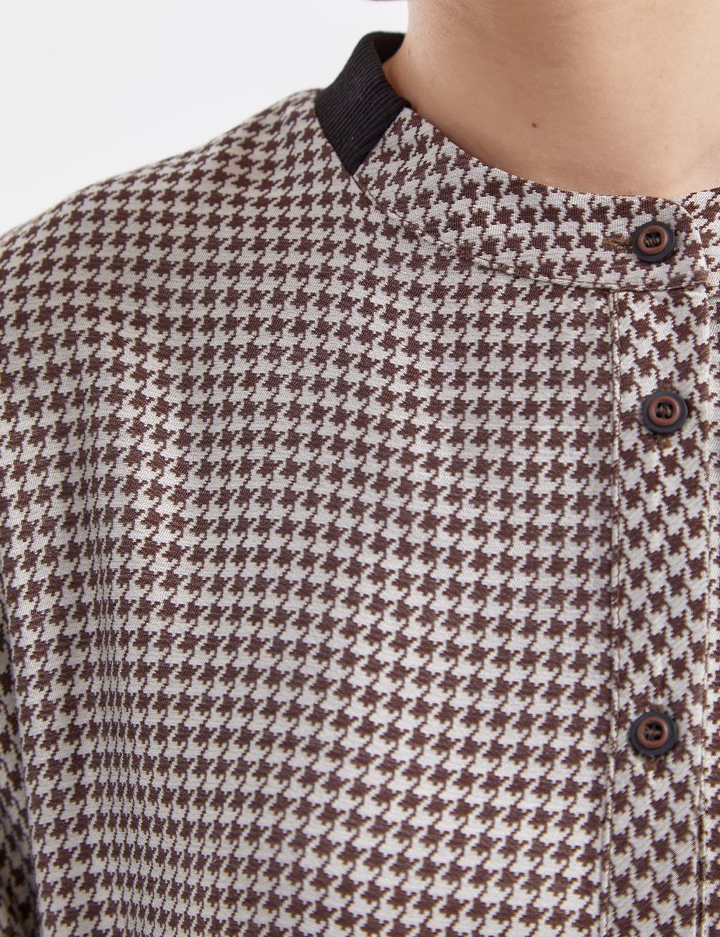 Houndstooth Patterned Grandad Collar Tunic Brown-Stone