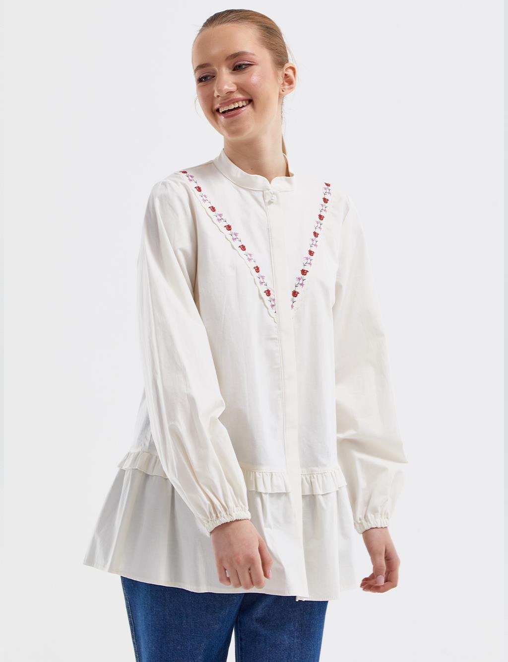 Frilly Embroidered Blouse Ecru