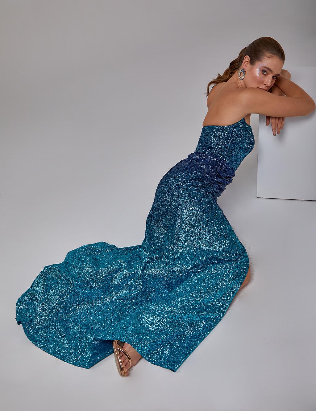 Sparkling Strapless Evening Dress Turquoise