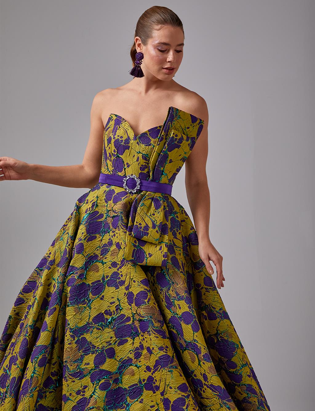 Abstract Patterned Strapless Evening Dress Green