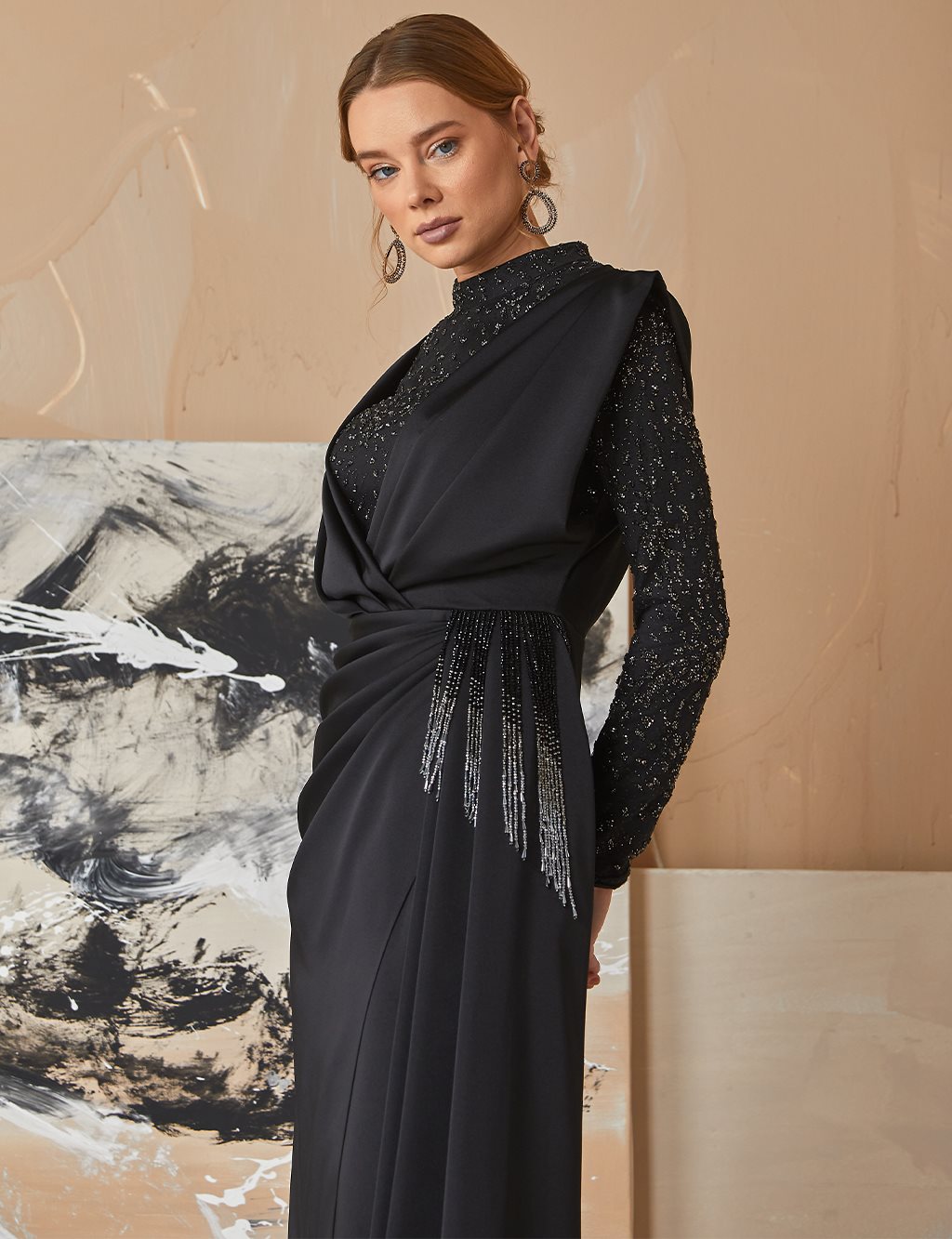 Stone Embroidered Double Breasted Evening Dress Black