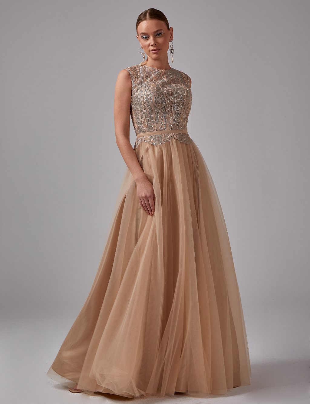 Tulle Skirt Embroidered Evening Dress Gold