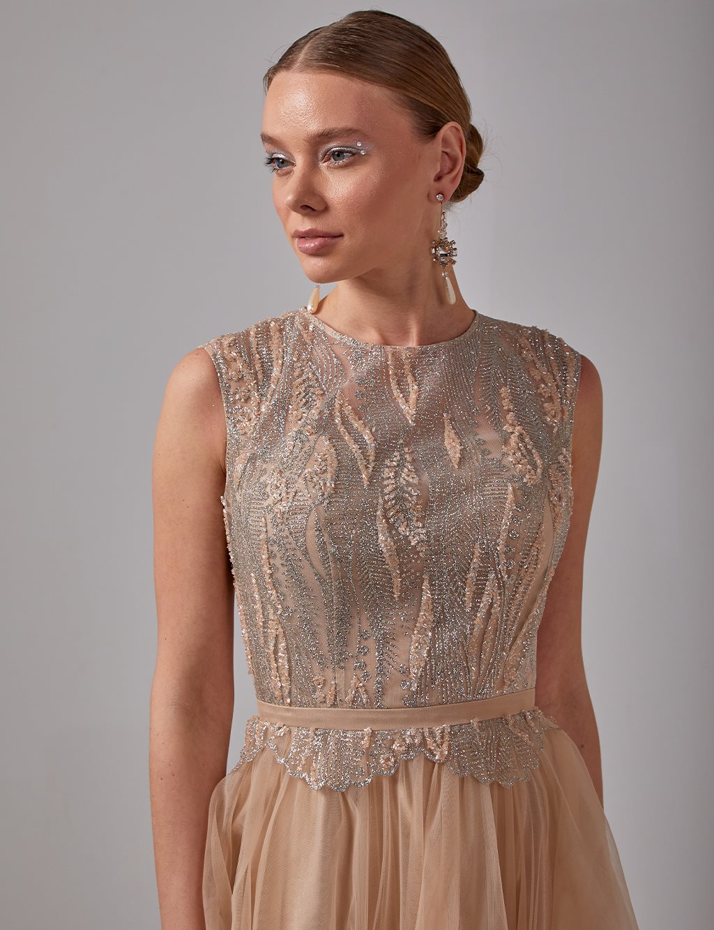 Tulle Skirt Embroidered Evening Dress Gold