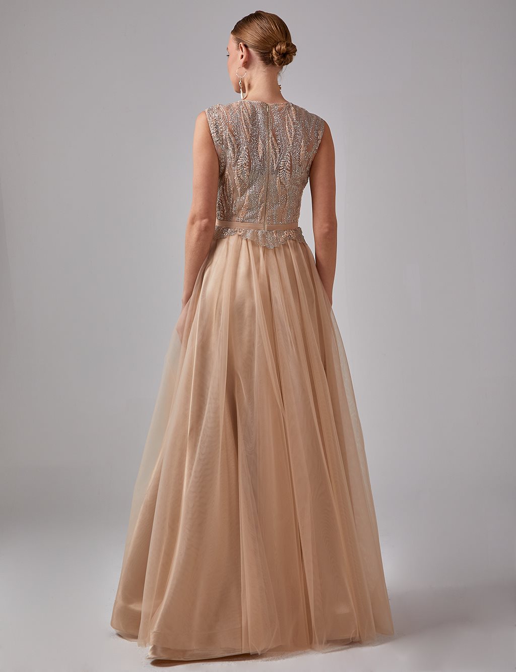 Tulle Skirt Embroidered Evening Dress Gold