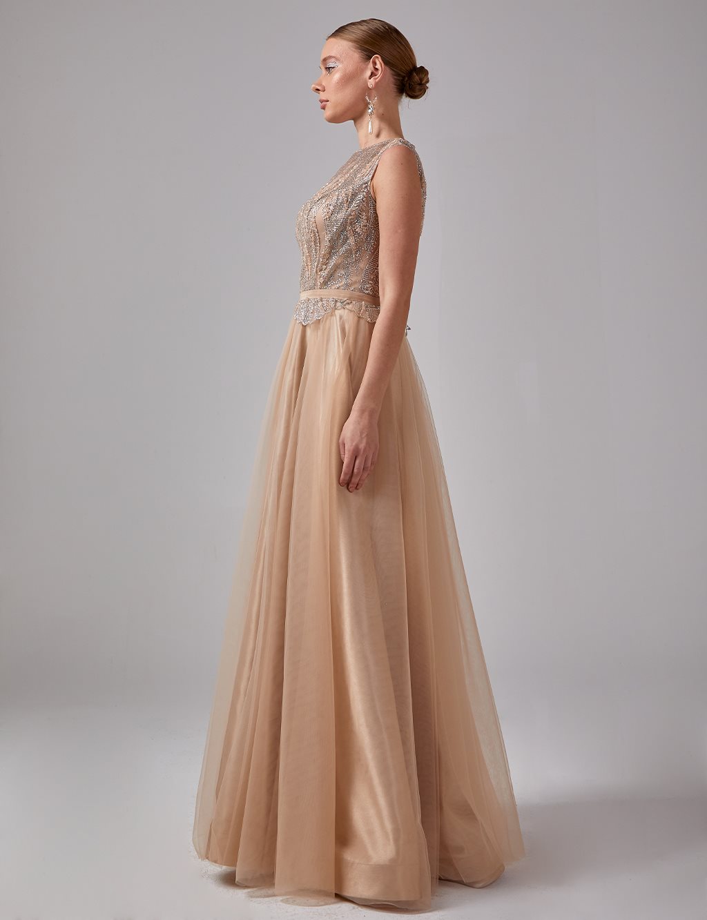 Tulle Skirt Embroidered Evening Dress Gold