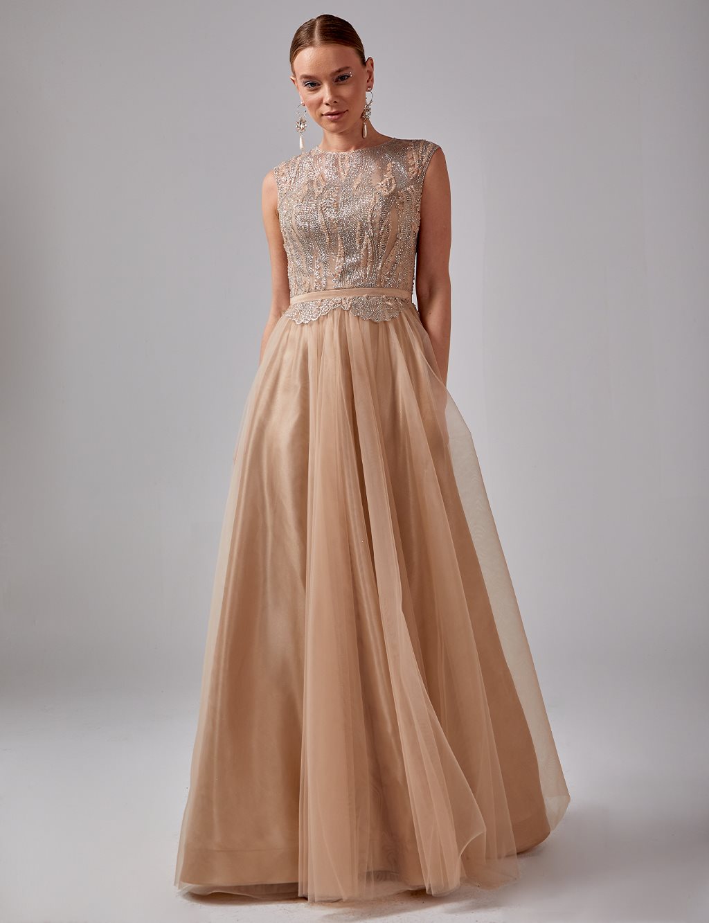 Tulle Skirt Embroidered Evening Dress Gold