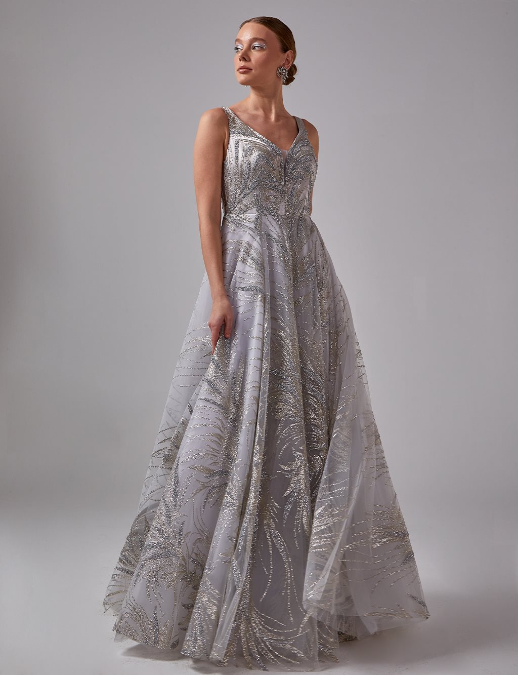 Strap V Neck Evening Dress Silver