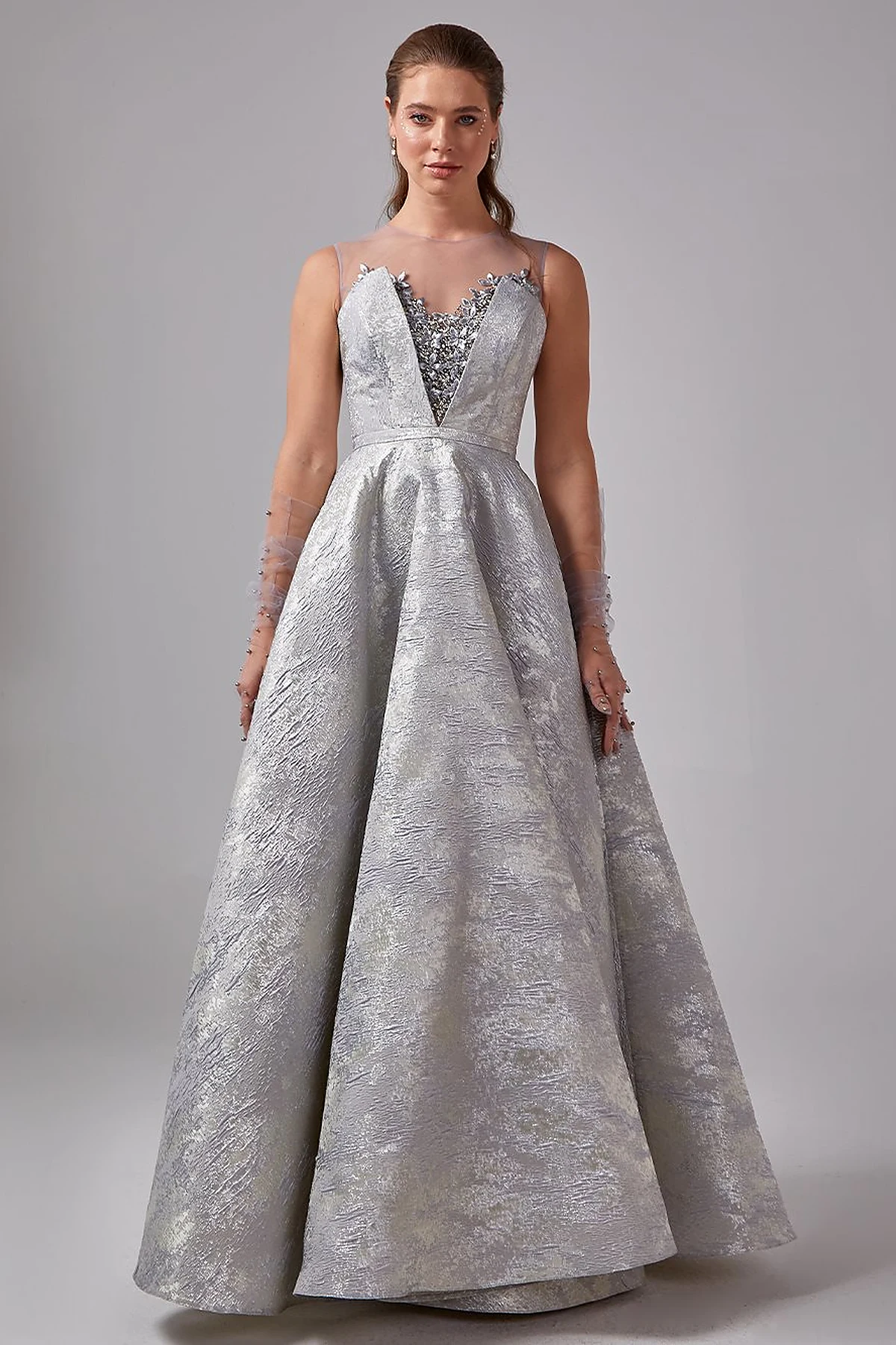 Illusion Collar Brocade Evening Dress Grey