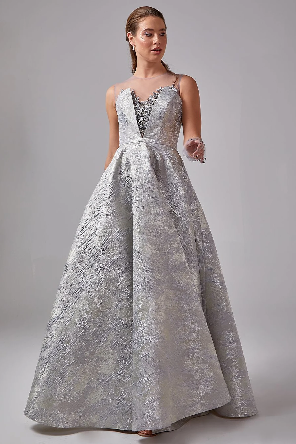 Illusion Collar Brocade Evening Dress Grey