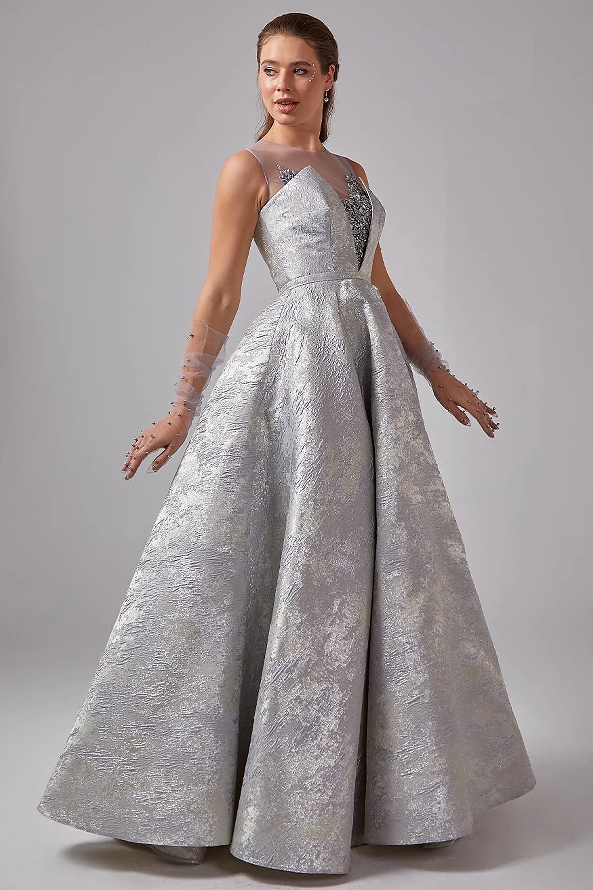 Illusion Collar Brocade Evening Dress Grey