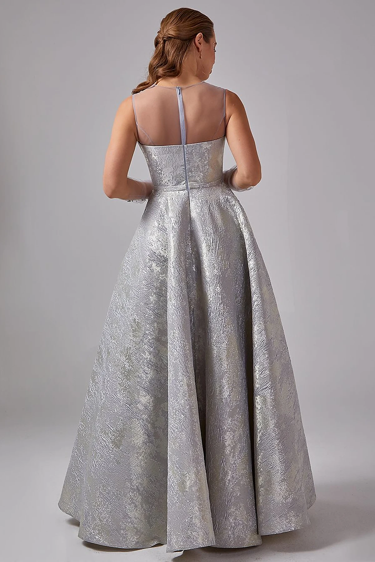 Illusion Collar Brocade Evening Dress Grey