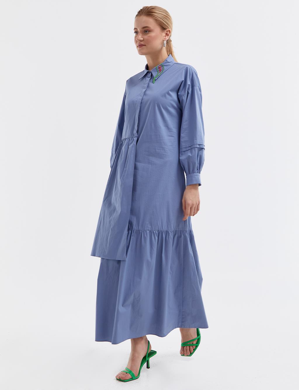 Embroidered Collar Dress Sky Blue