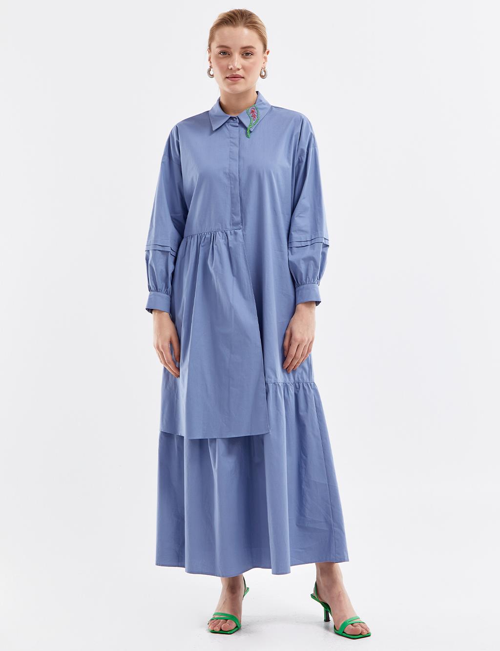 Embroidered Collar Dress Sky Blue