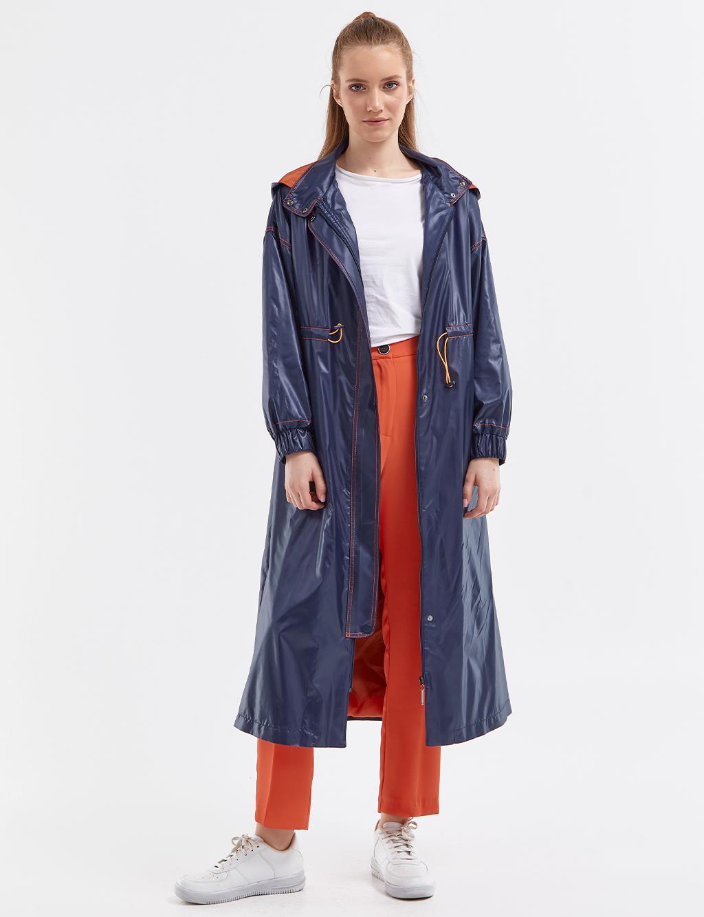 Contrast Stitched Trench Coat Navy
