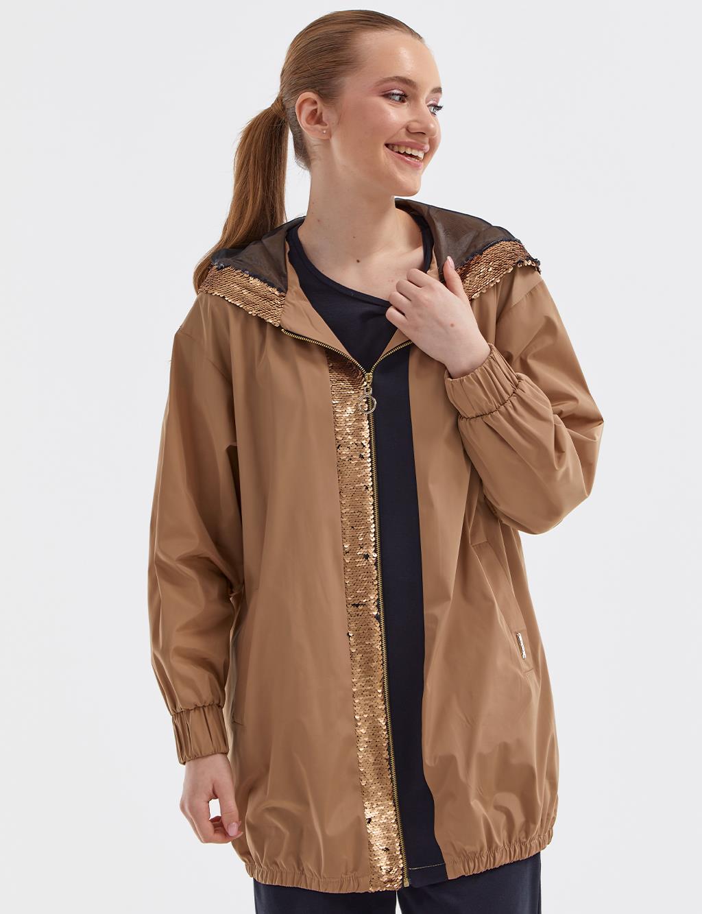 Sequin Detailed Hooded Jacket Beige