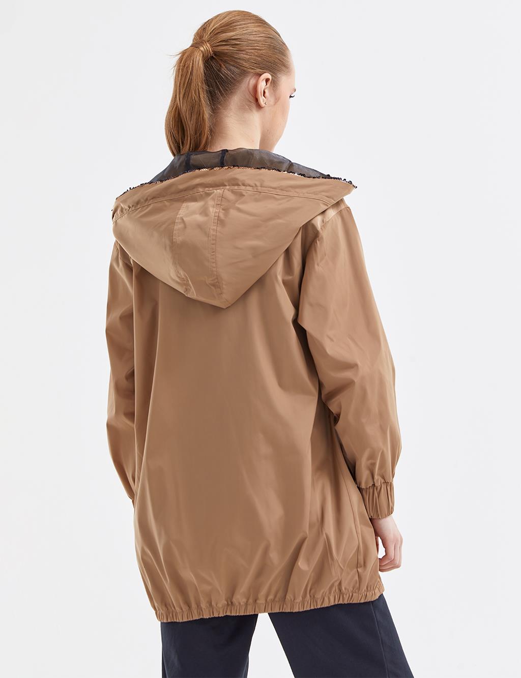 Sequin Detailed Hooded Jacket Beige
