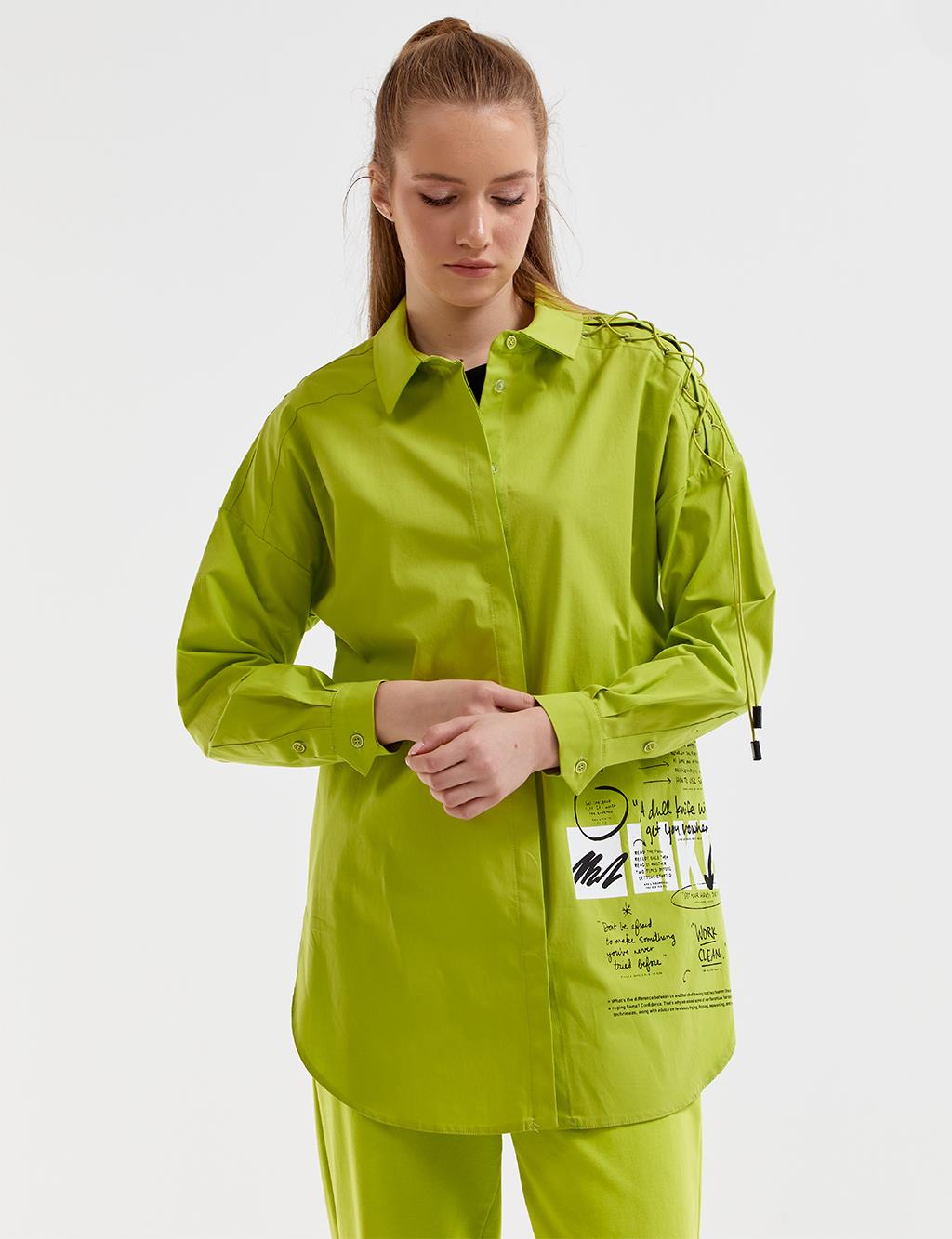 Omuz Detaylı Baskılı Gömlek Fıstık Yeşili