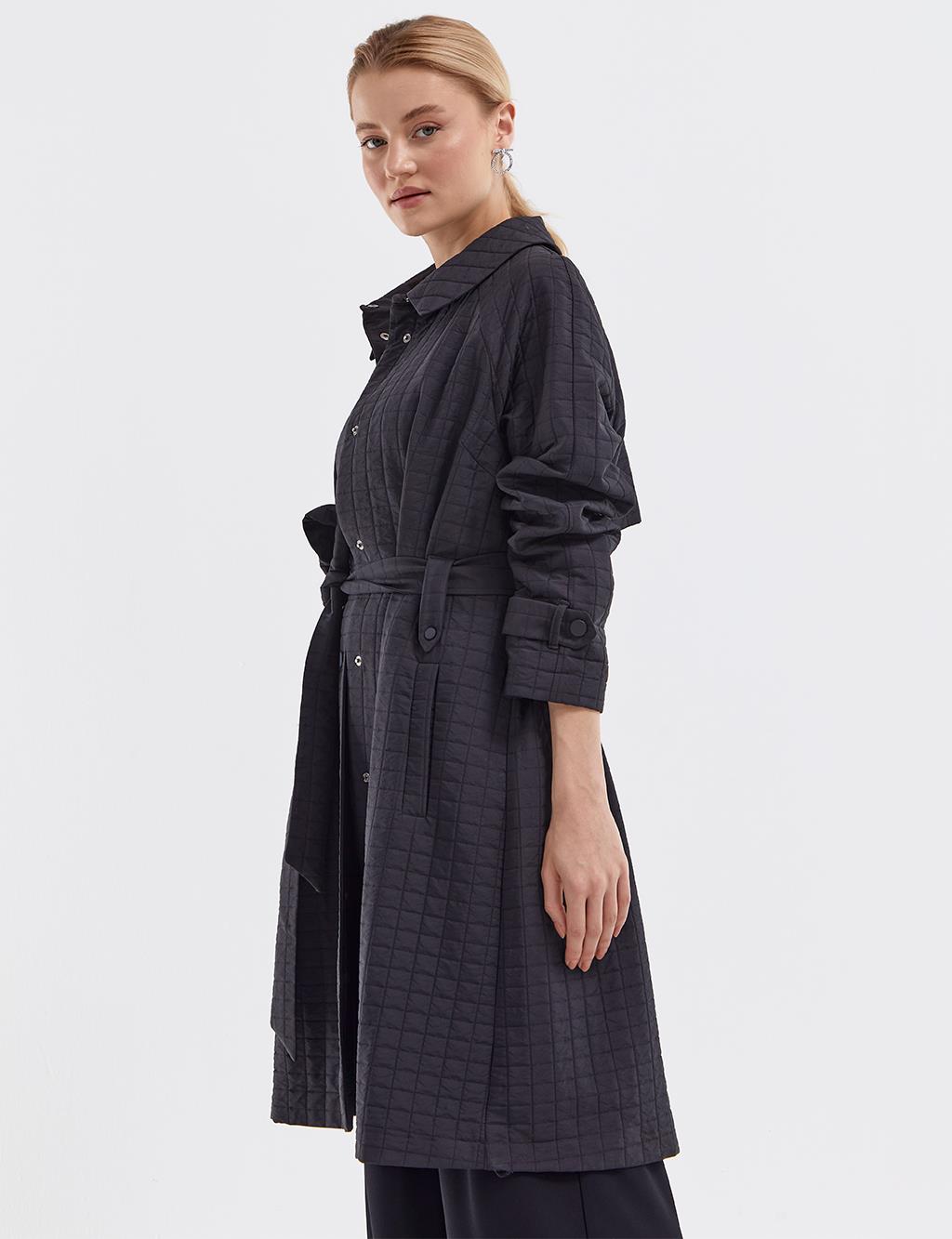 Snap Closure Quilted Trench Coat Black