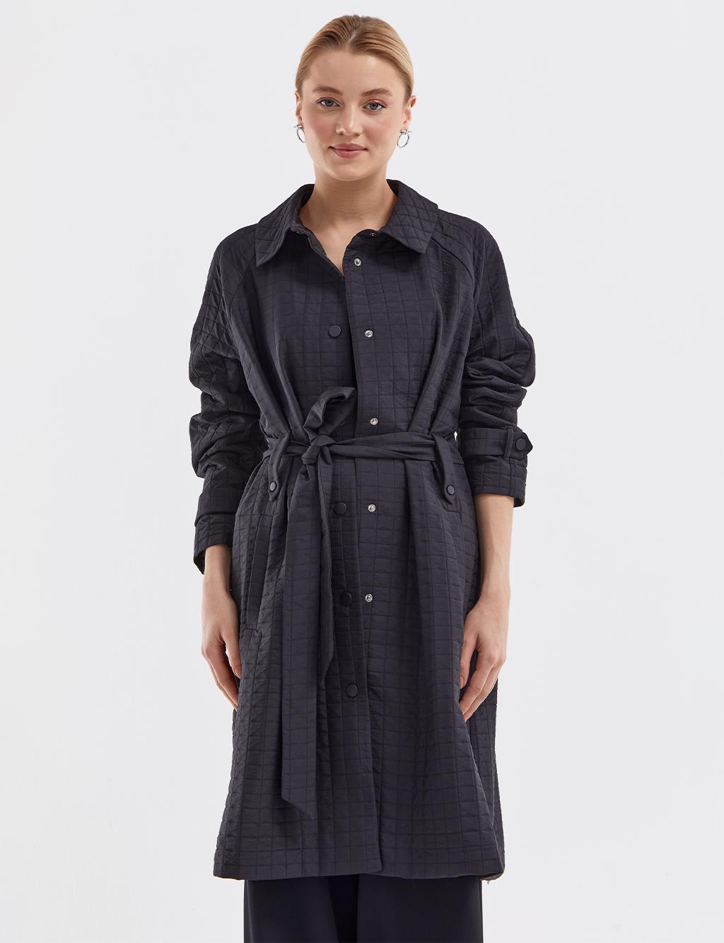 Snap Closure Quilted Trench Coat Black