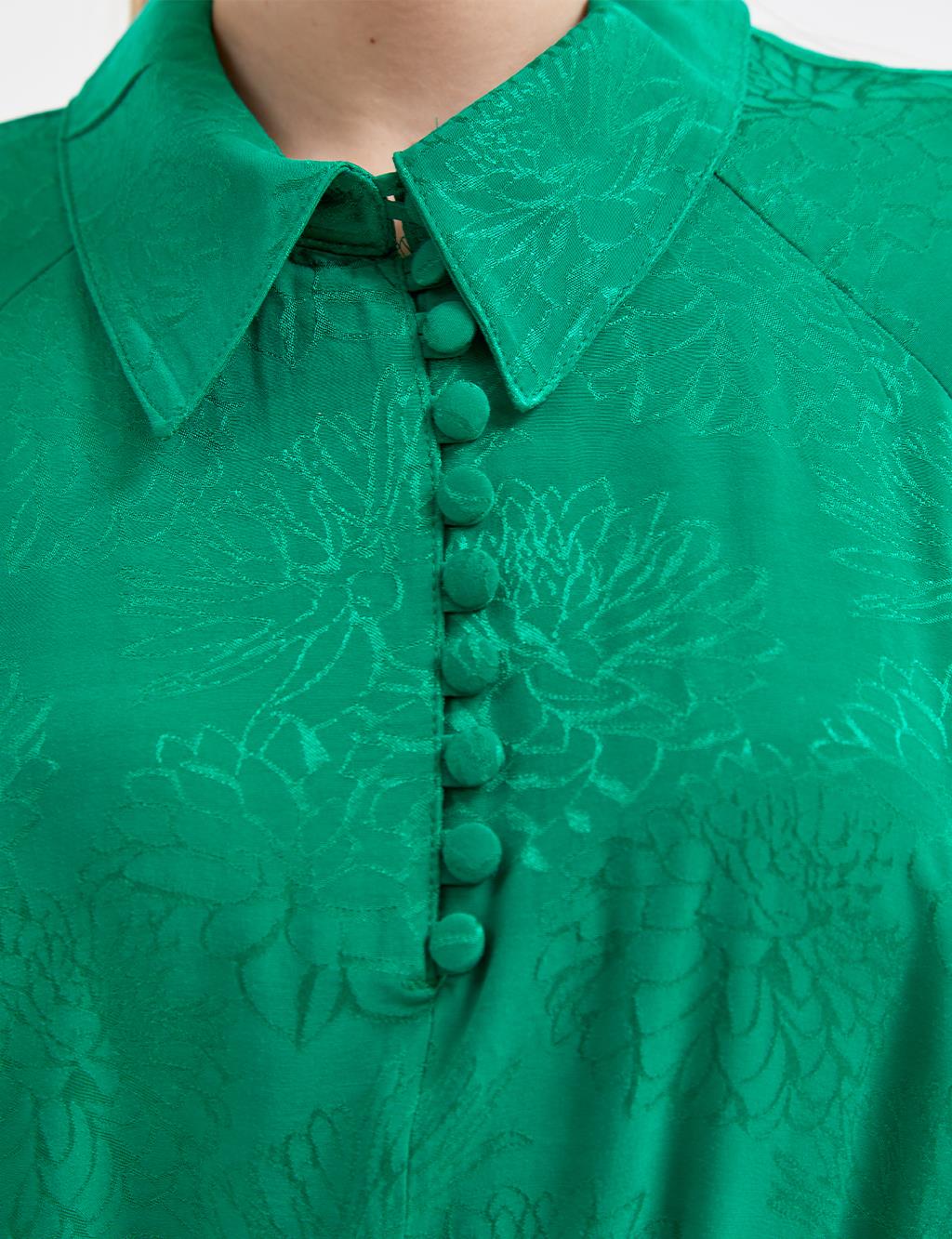 Jakarlı Balon Kol Bluz Çimen Yeşili