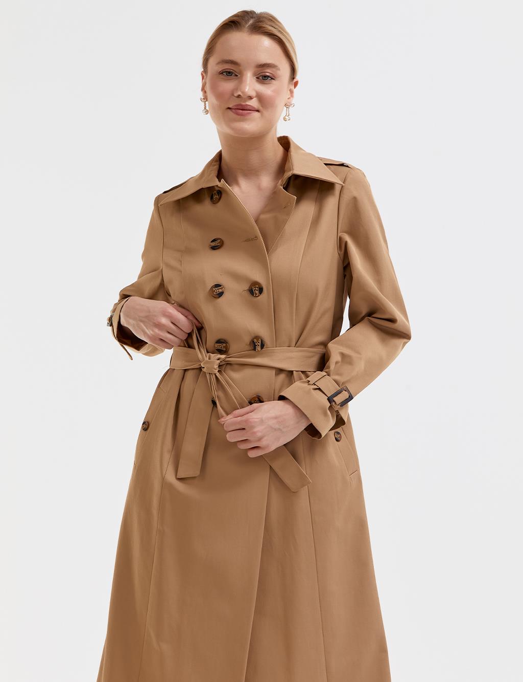 Double Buttoned Double Breasted Trench Coat Beige