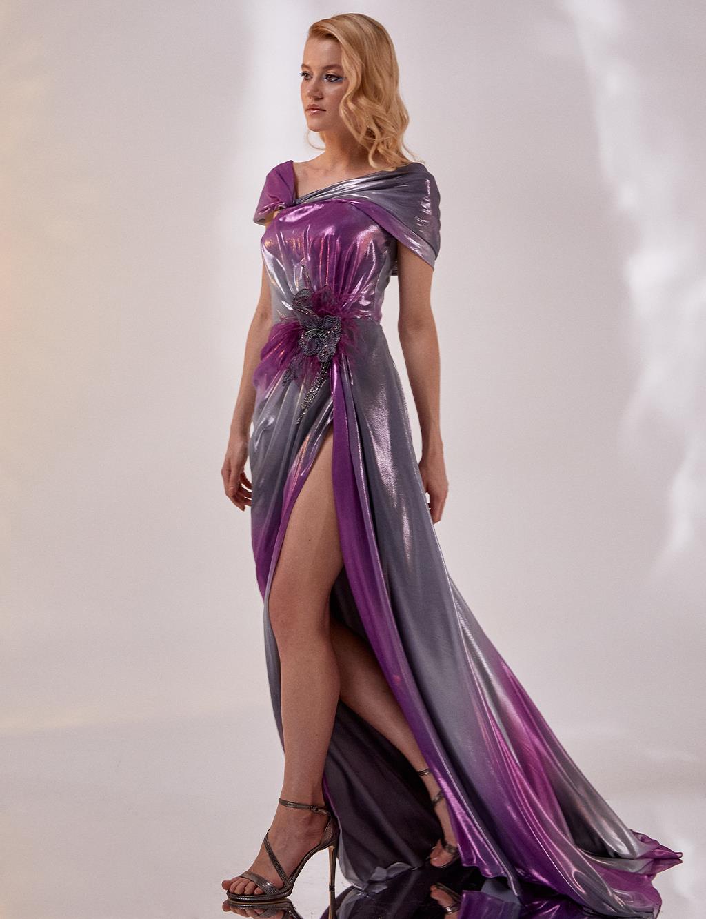 Halter Neck Slit Evening Dress Grey-Fuchsia