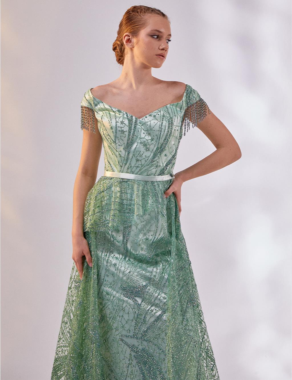 Tütülü Balık Form Abiye Mint