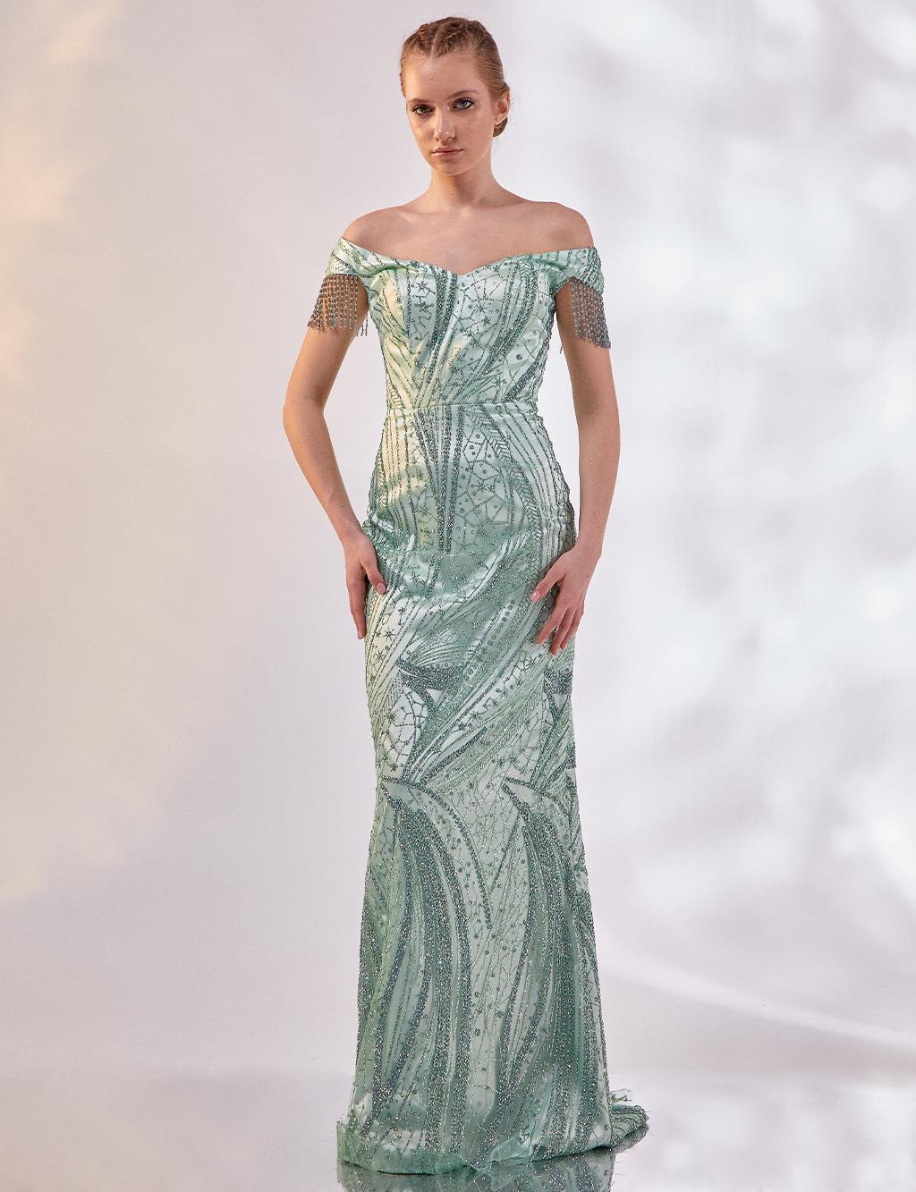 Tütülü Balık Form Abiye Mint