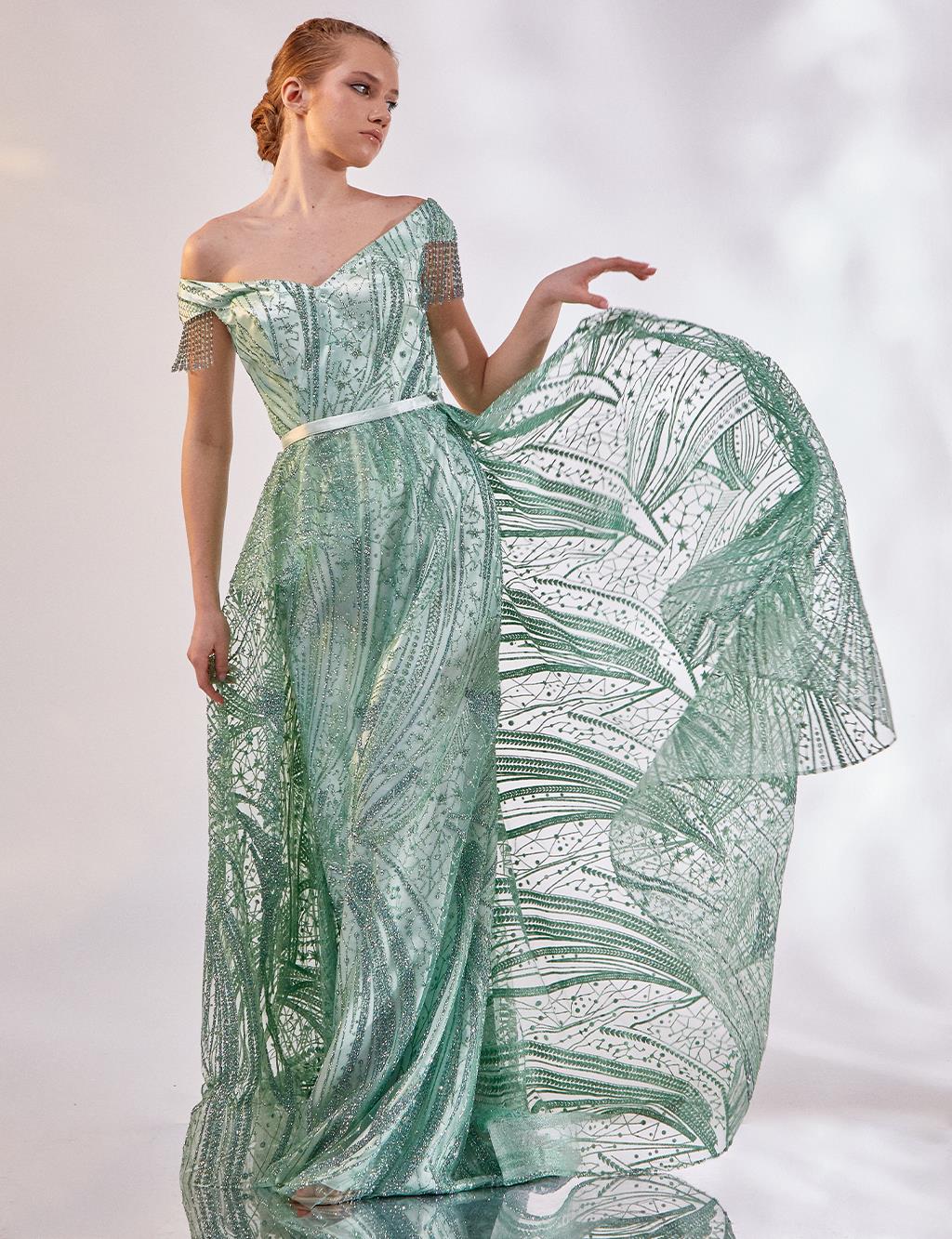 Tütülü Balık Form Abiye Mint