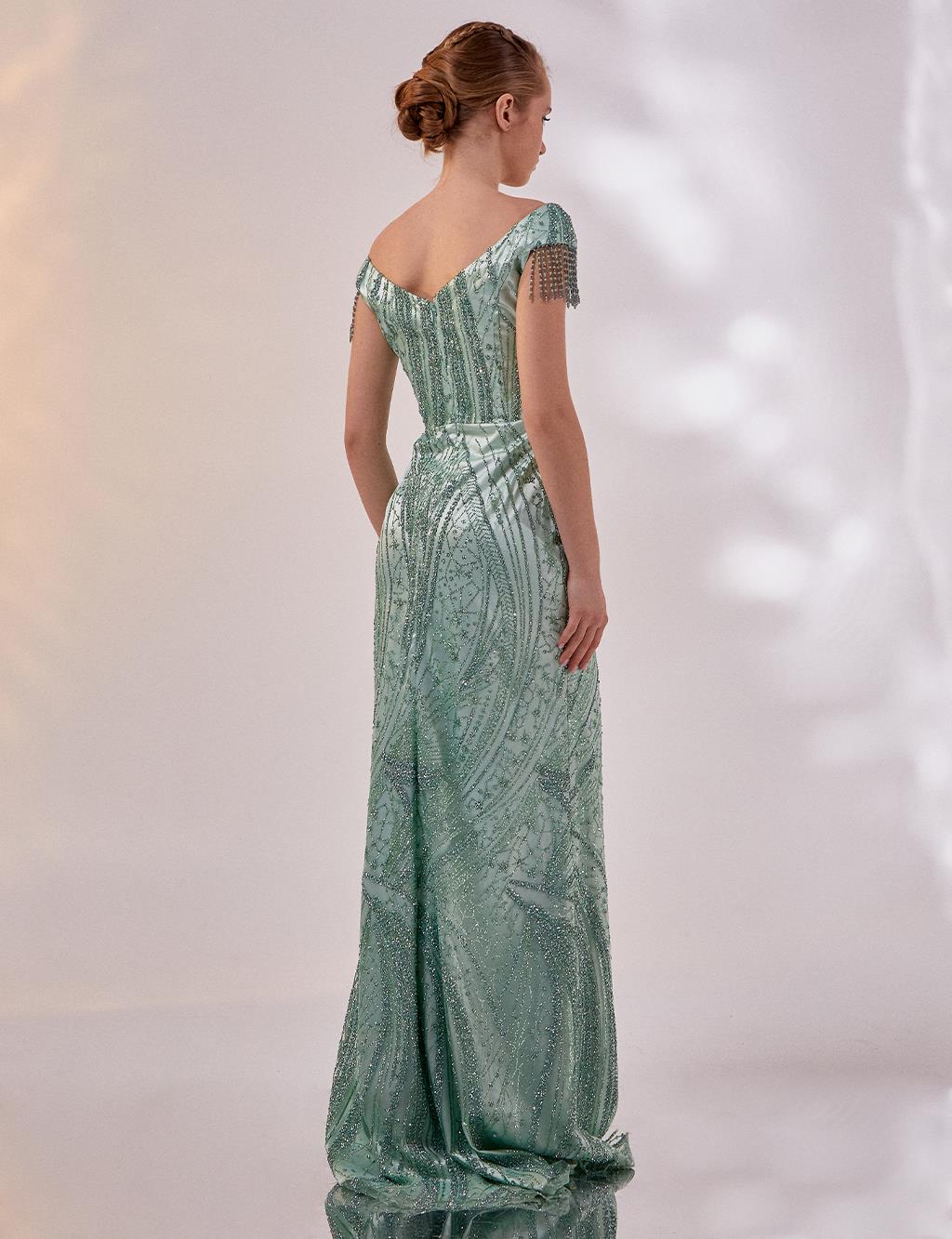 Tütülü Balık Form Abiye Mint