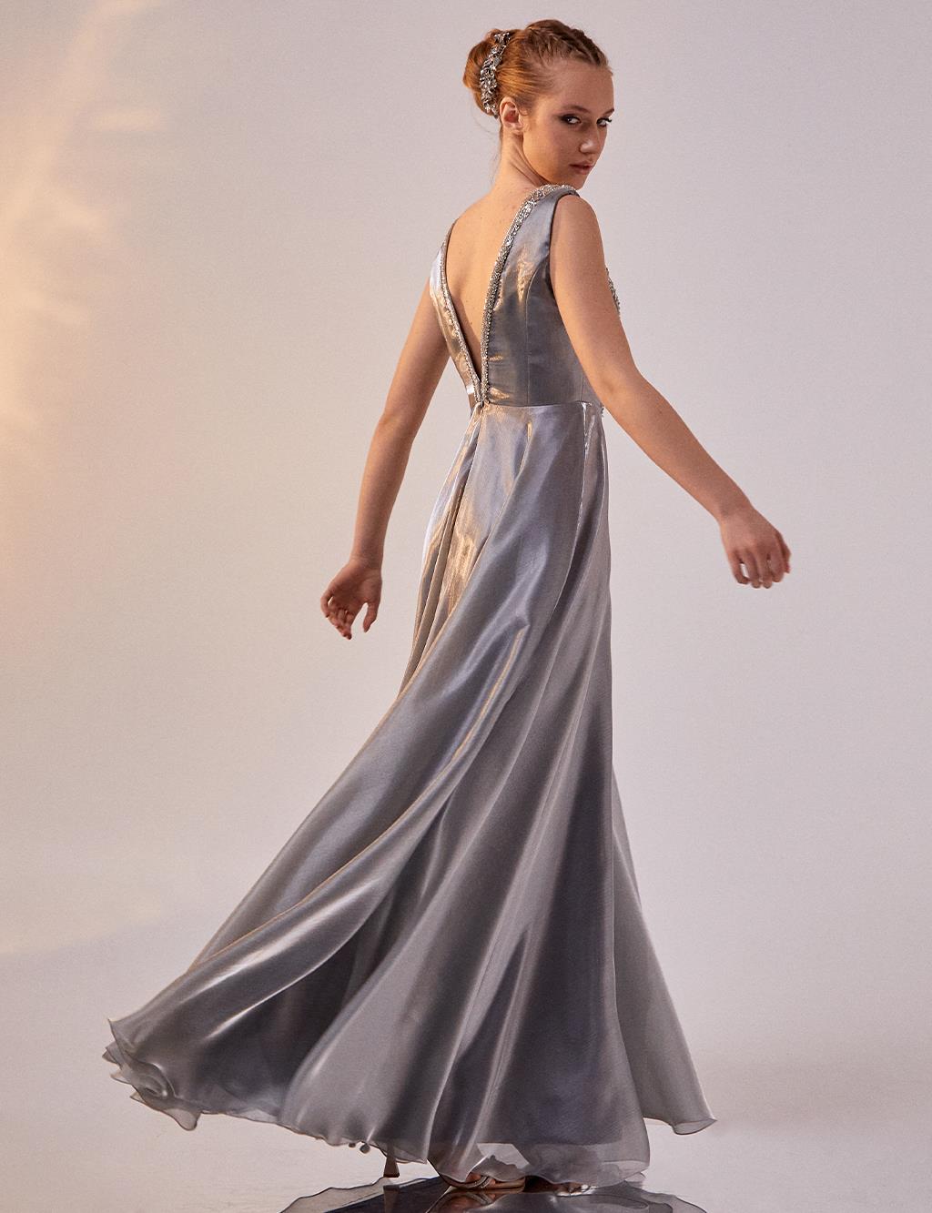 Deep Decollete Satin Evening Dress Grey
