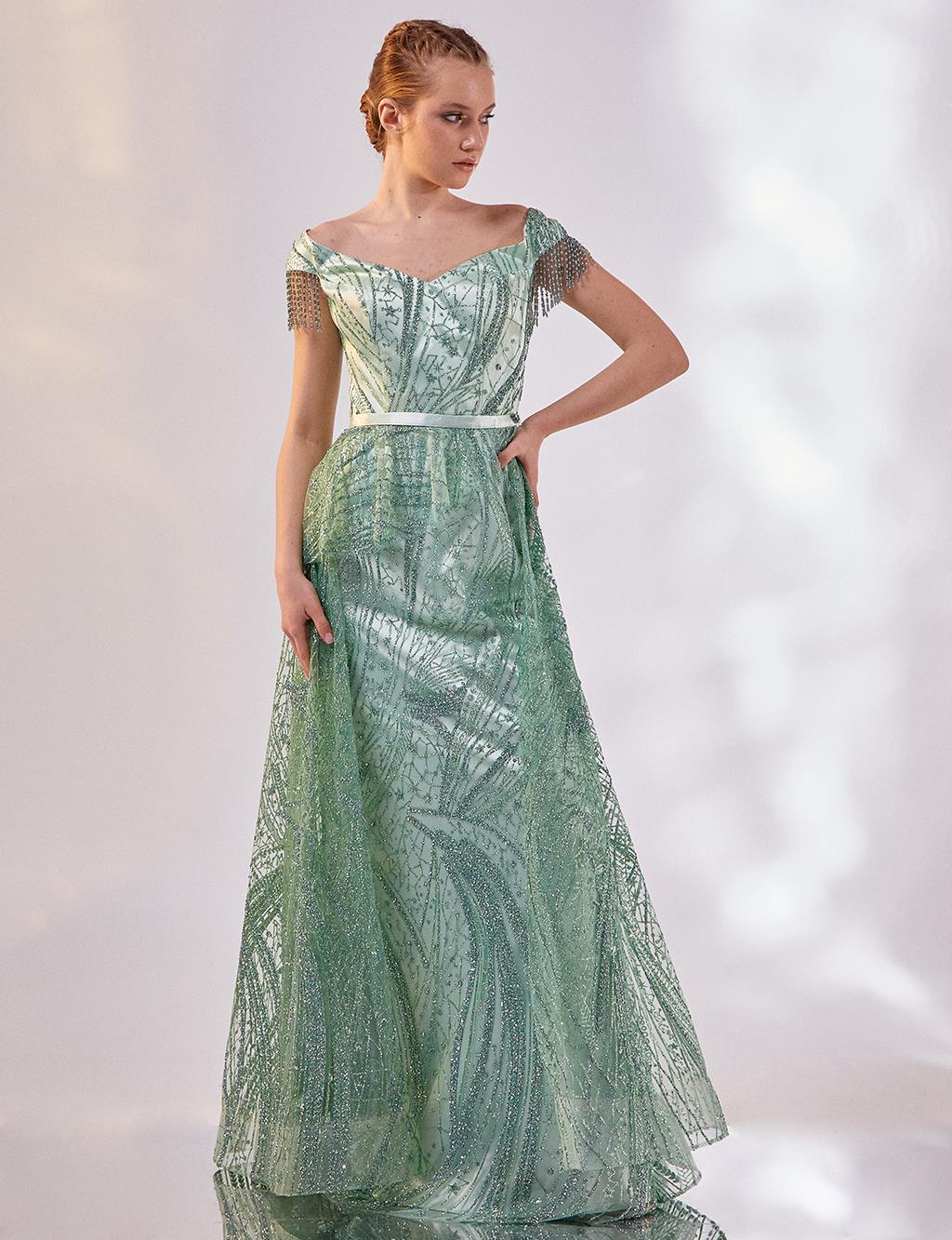 Tütülü Balık Form Abiye Mint