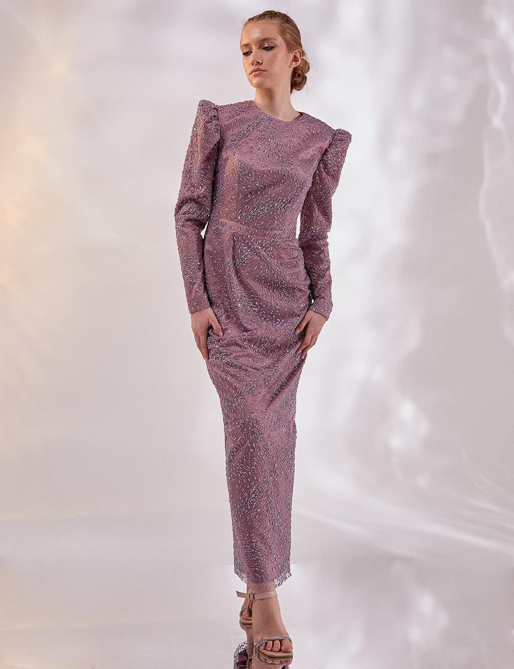 Taşlı Gigot Kol Abiye Lila