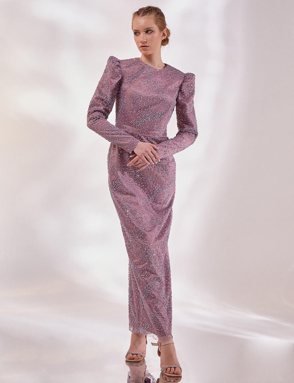 Taşlı Gigot Kol Abiye Lila