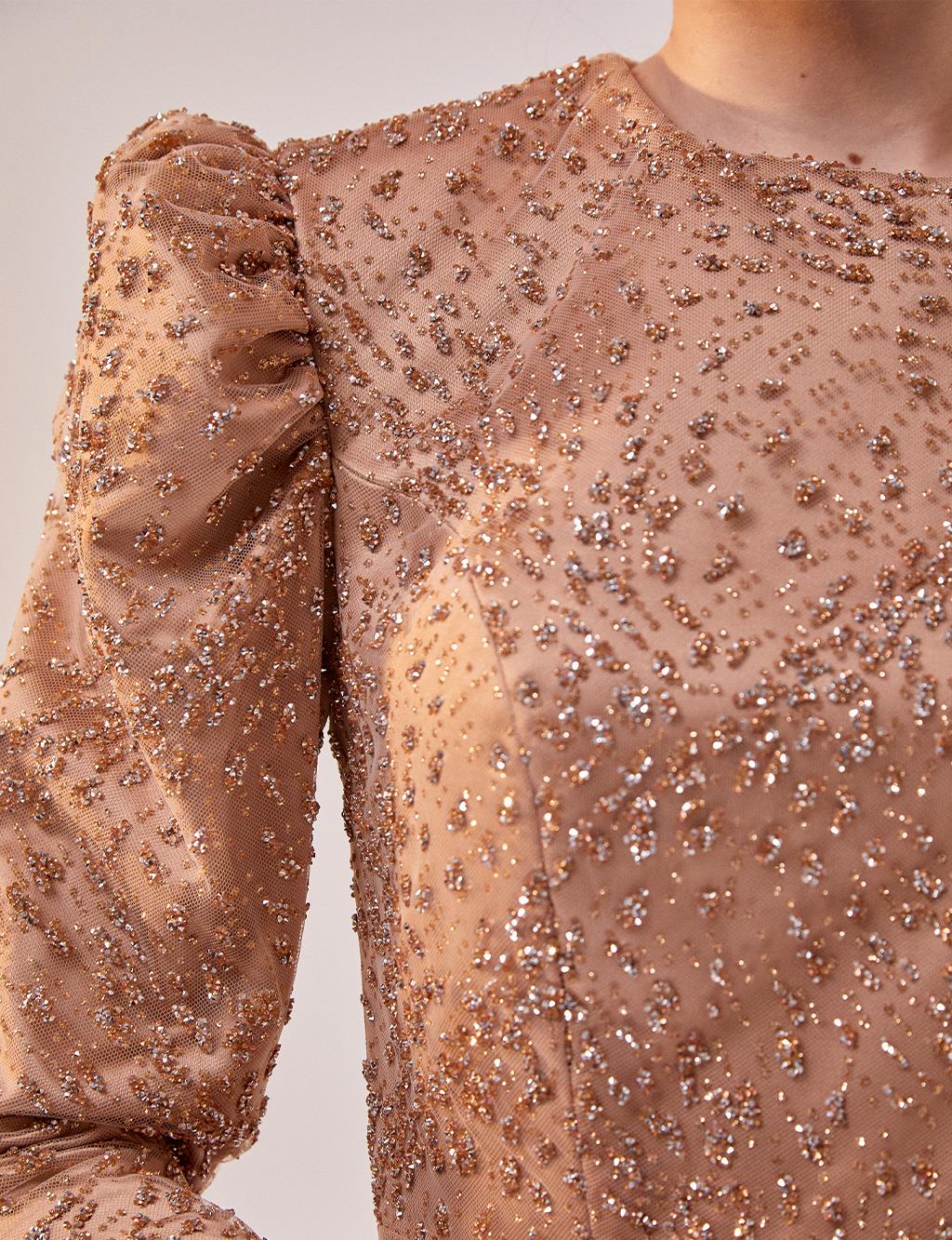 Stoned Gigot Sleeve Evening Dress Bronze