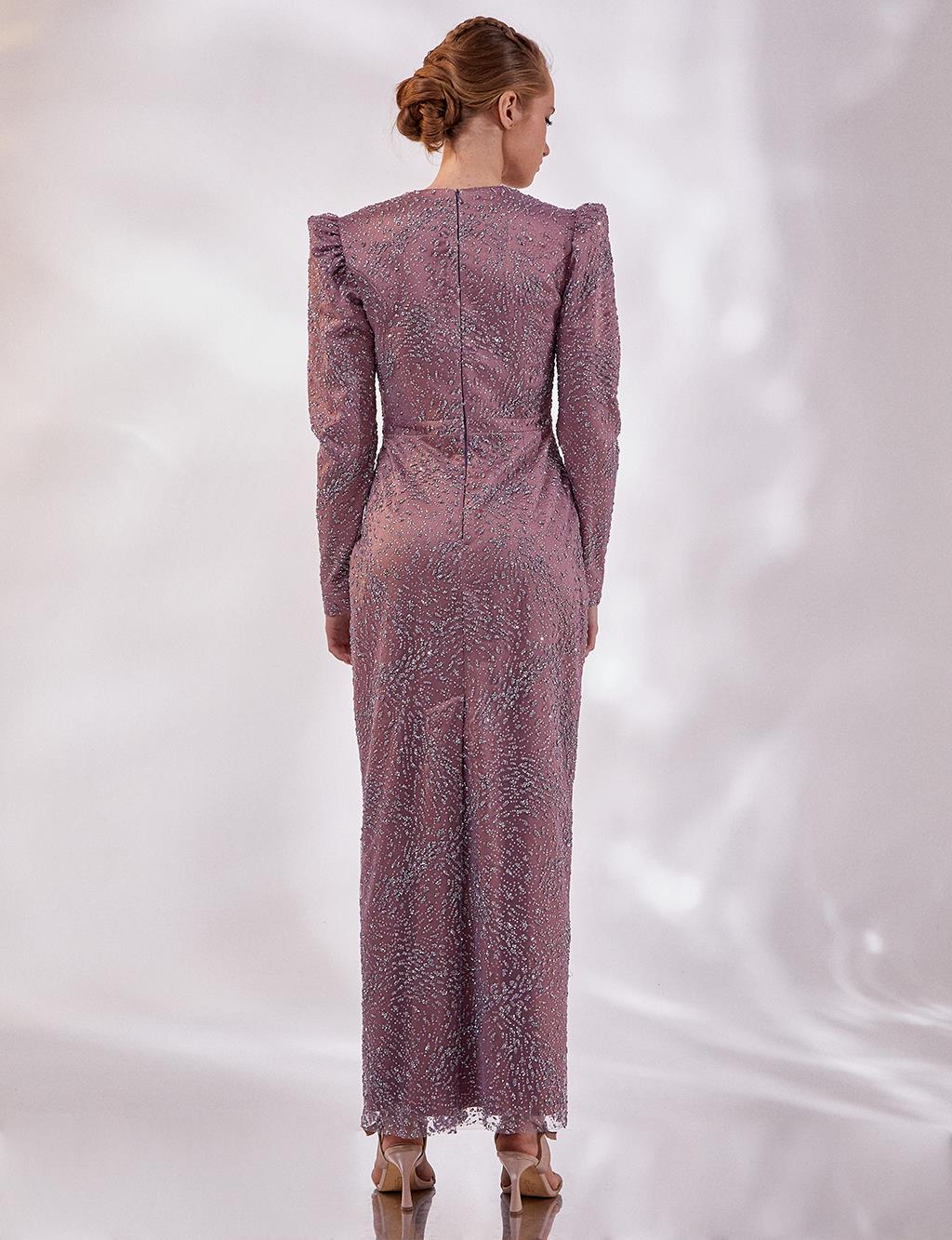 Taşlı Gigot Kol Abiye Lila