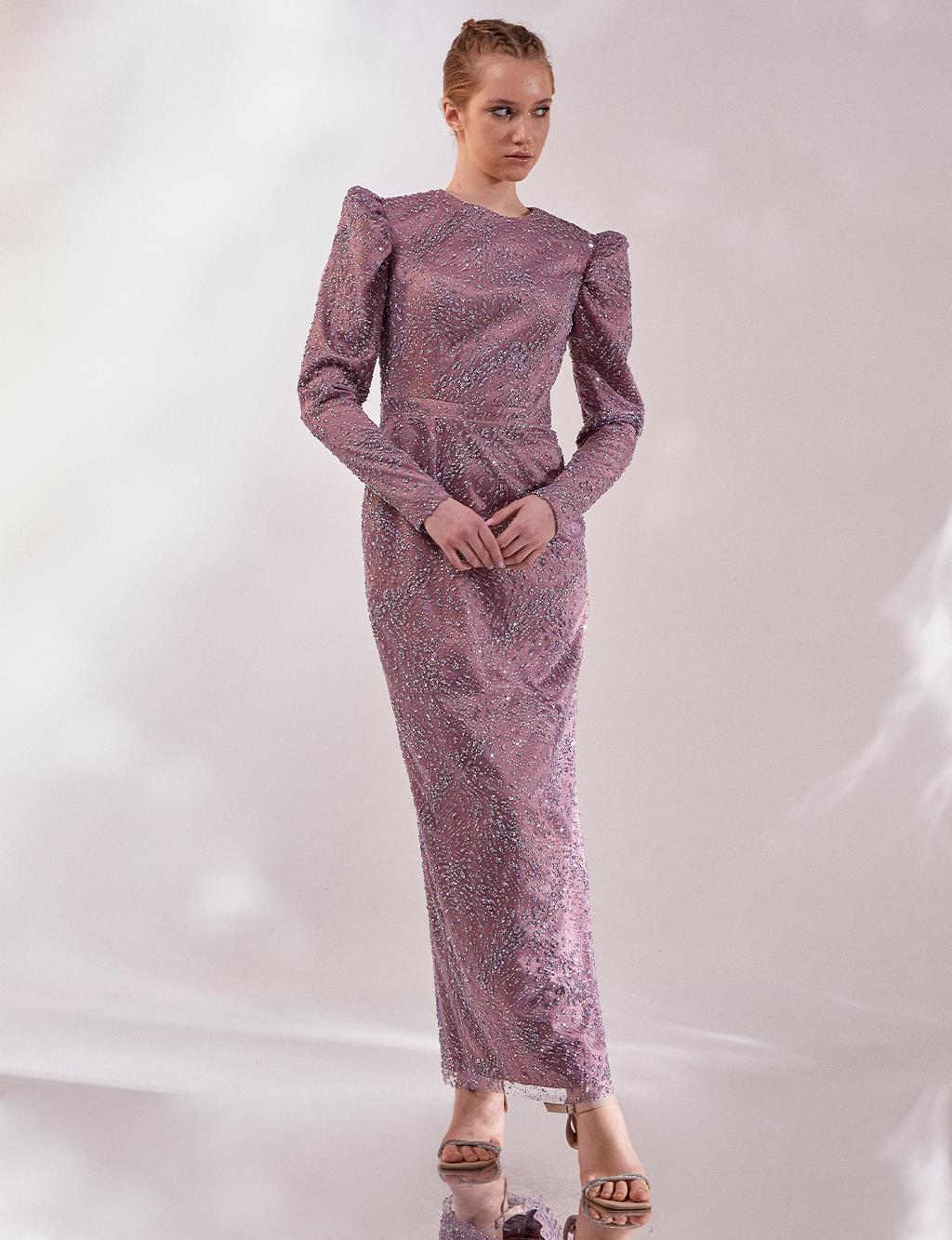 Taşlı Gigot Kol Abiye Lila