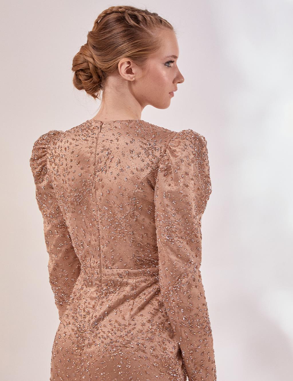 Stoned Gigot Sleeve Evening Dress Bronze