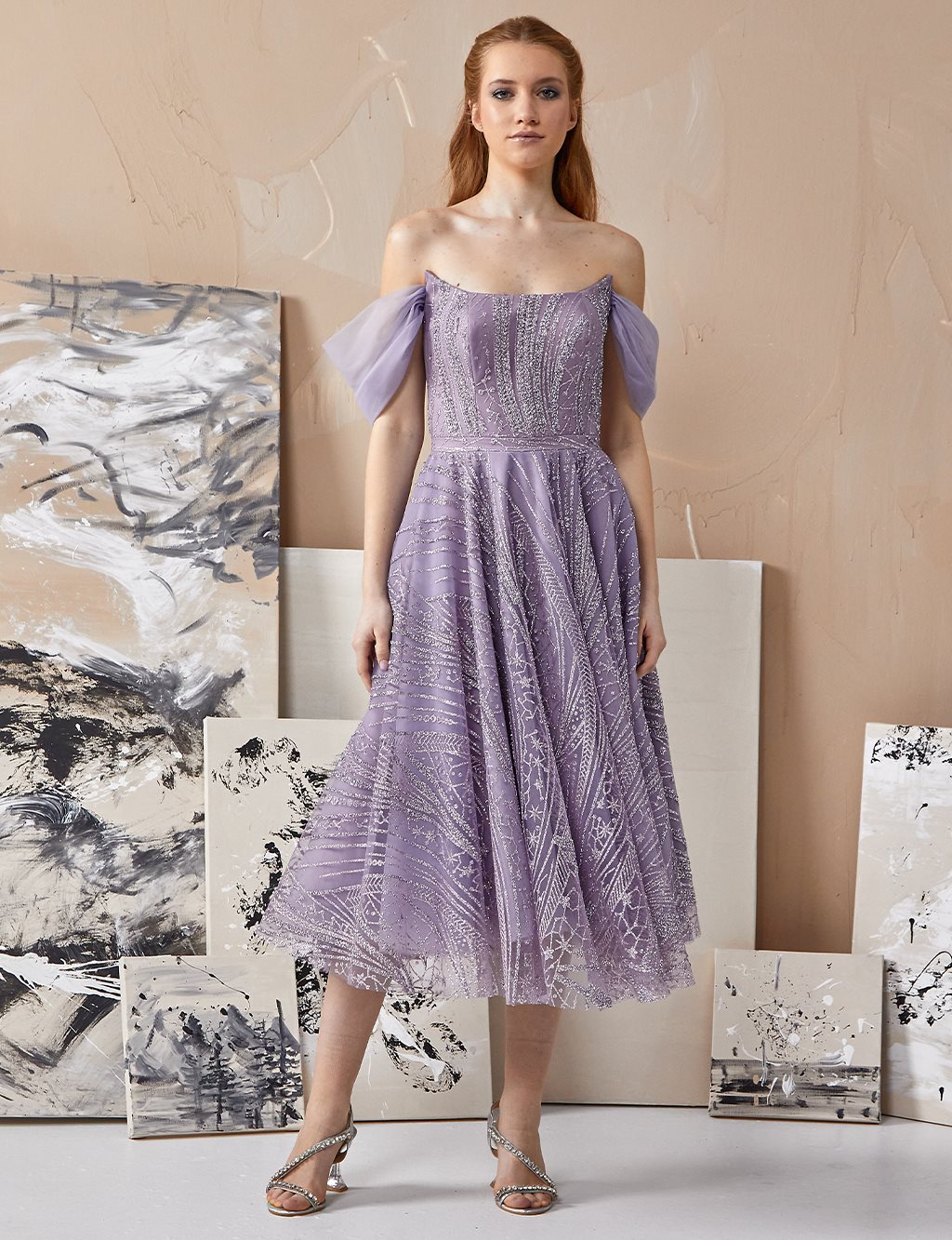 Jacquard Strapless Evening Dress Lilac