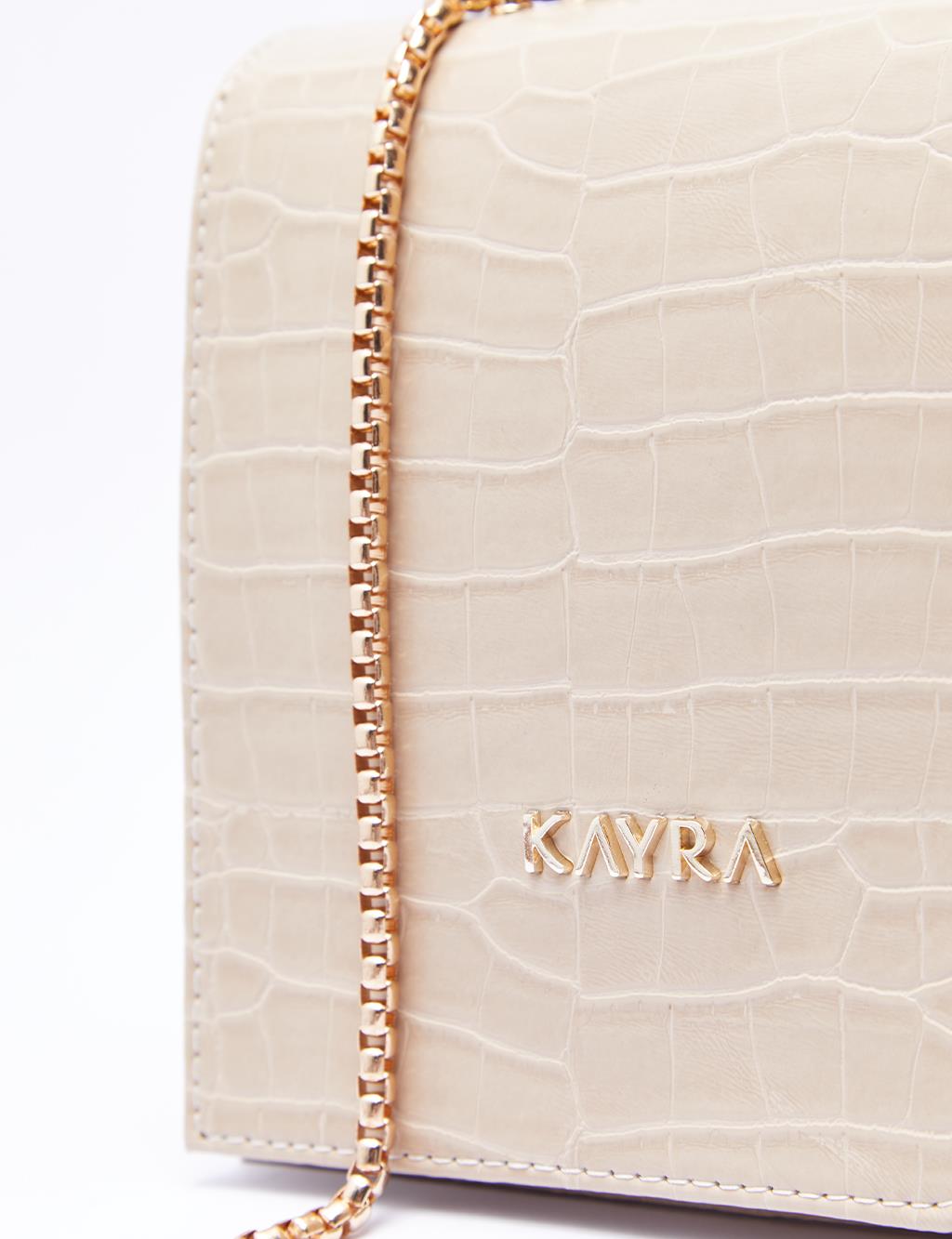 Croco Desenli Kapaklı Çanta Bej