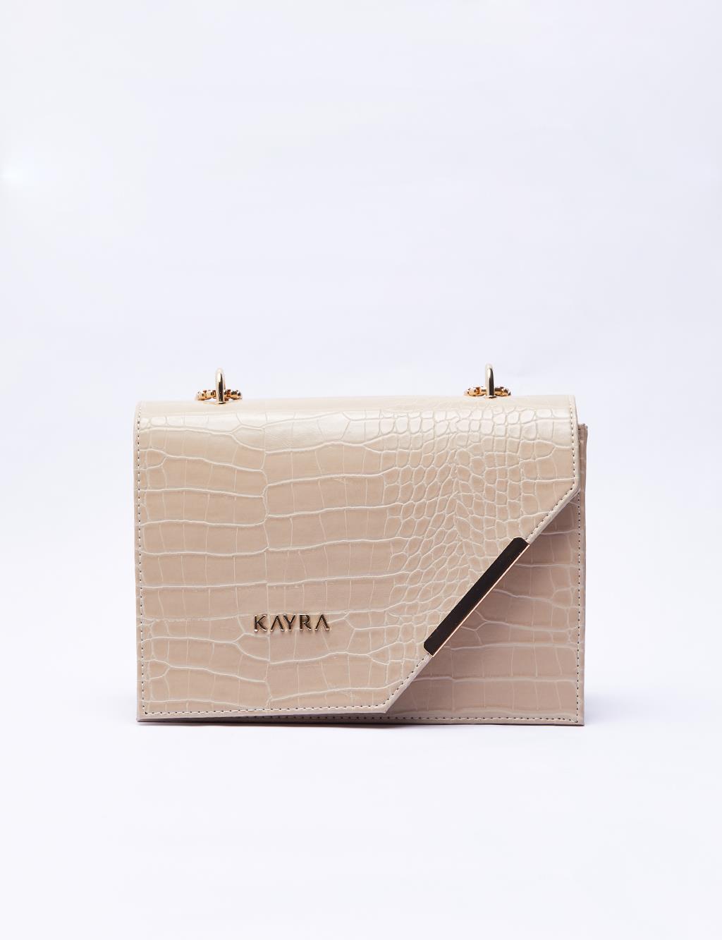 Croco Desenli Kapaklı Çanta Bej