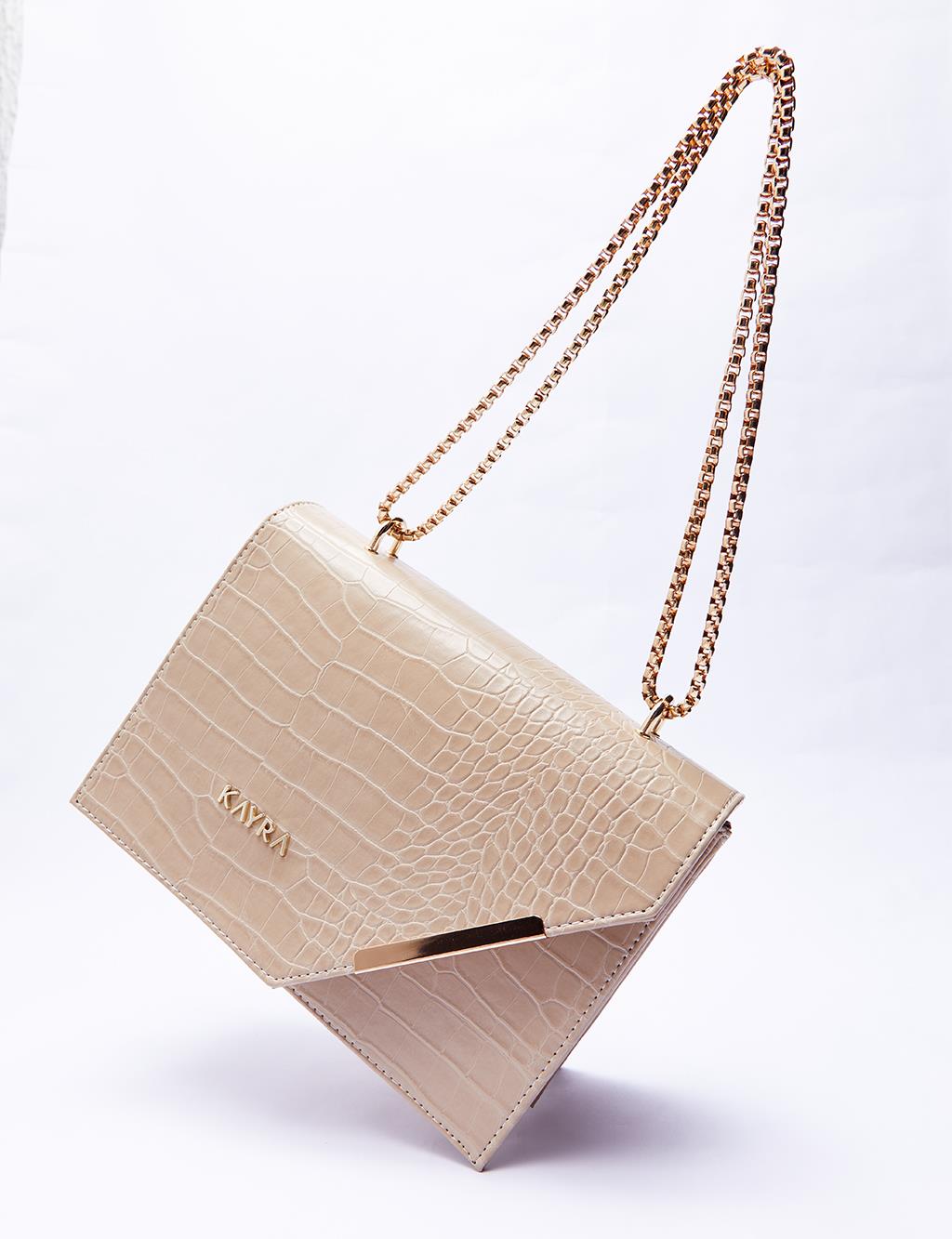 Croco Desenli Kapaklı Çanta Bej