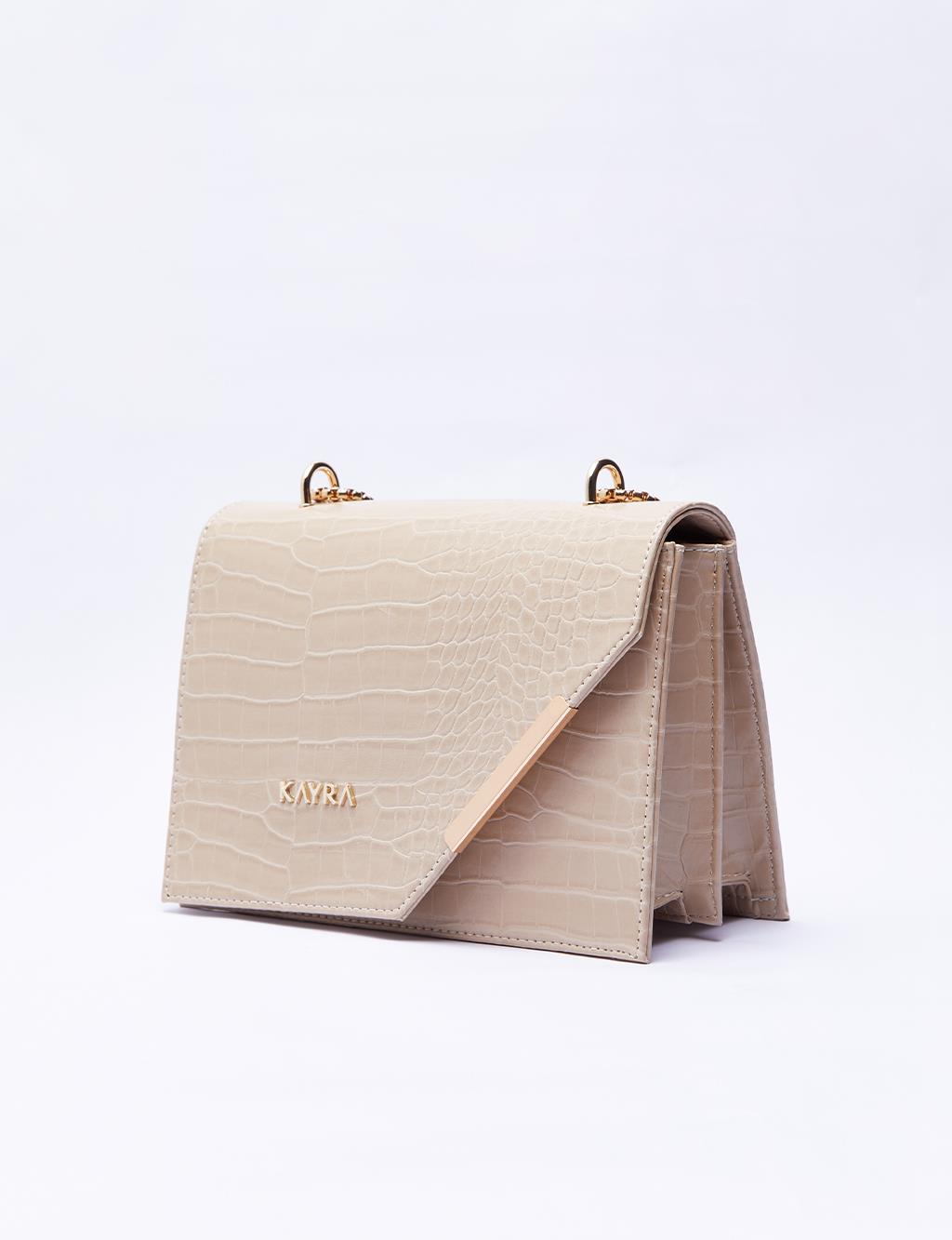 Croco Desenli Kapaklı Çanta Bej