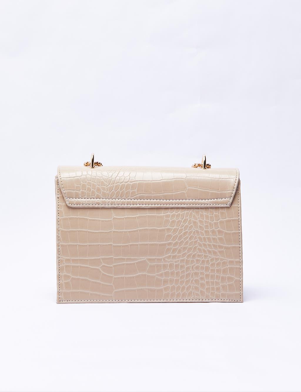 Croco Desenli Kapaklı Çanta Bej
