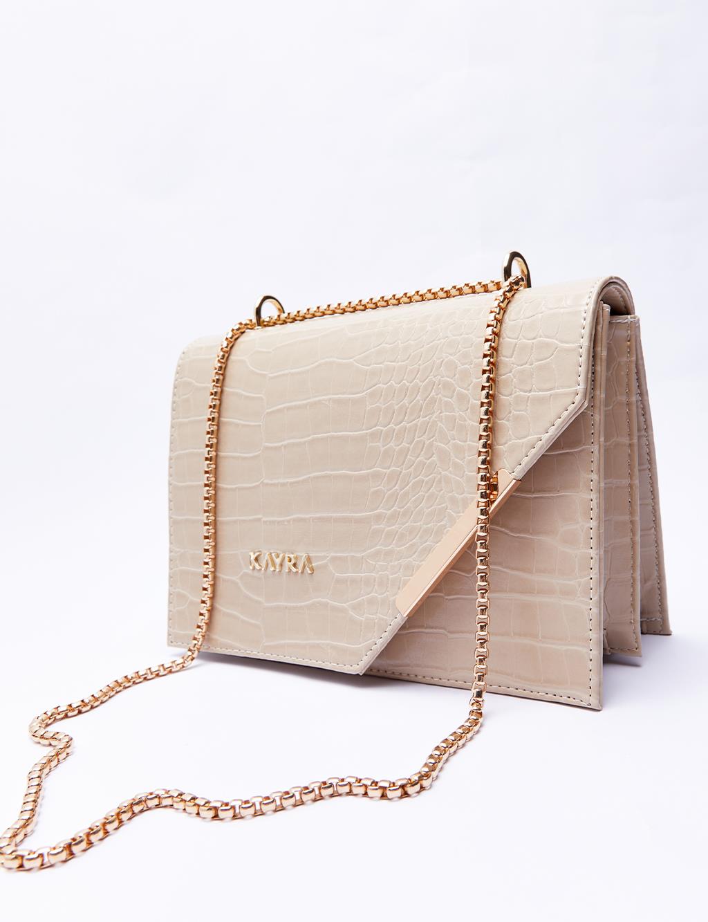 Croco Desenli Kapaklı Çanta Bej