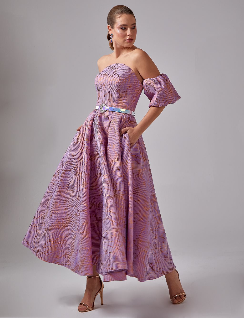 Abstract Pattern Strapless Evening Dress Lilac