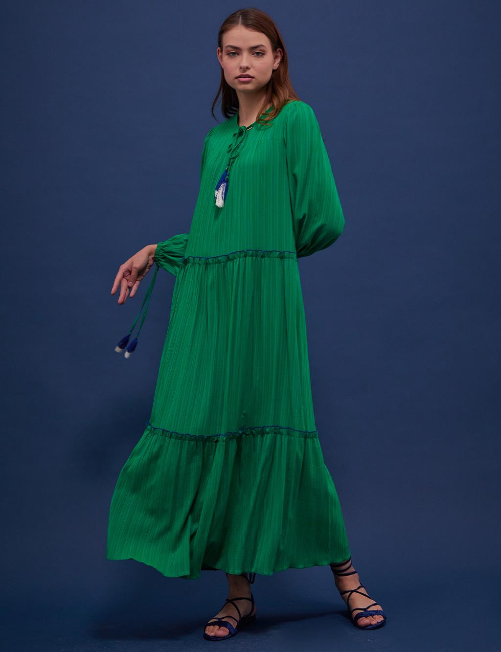 KYR Katlı Uzun Elbise Çimen Yeşili