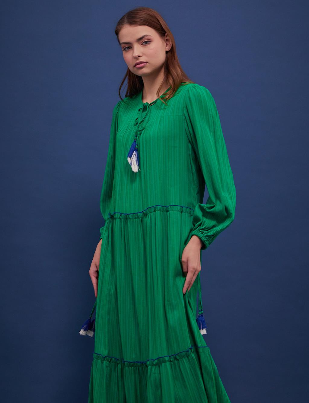 KYR Katlı Uzun Elbise Çimen Yeşili